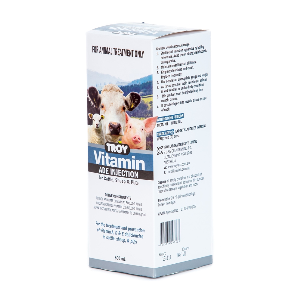 Troy Vitamin ADE Injection For Cattle, Sheep & Pigs