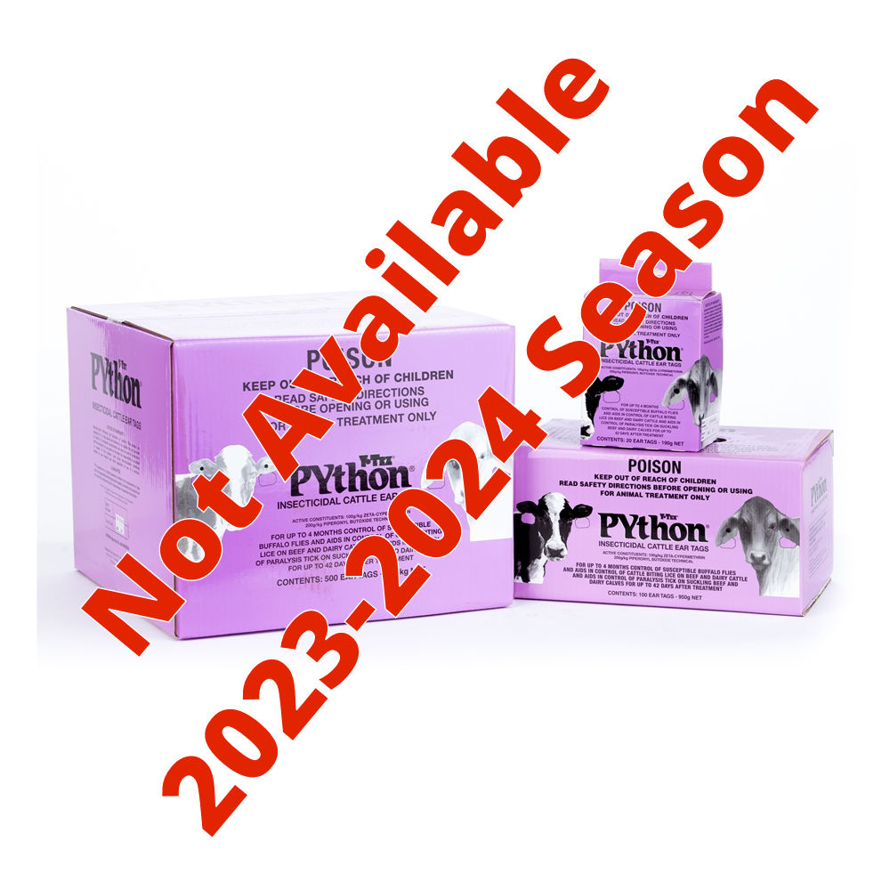 Specialist Sales Y-Tex Python Piperonyl Butoxide Zeta-Cypermethrin Insecticidal Cattle Ear Tags 20pk 100pk 500pk Not Available 2023-2024